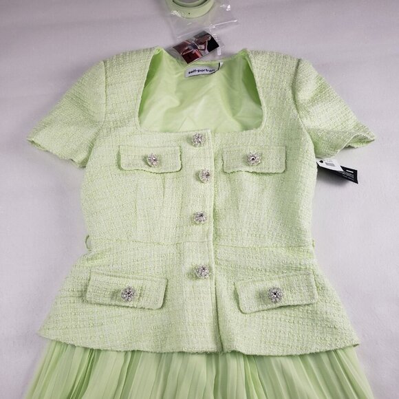 Self Portrait Boucle Chiffon Pleated Midi Dress Womens 6 Lime Tweed Belted NEW - Picture 8 of 16